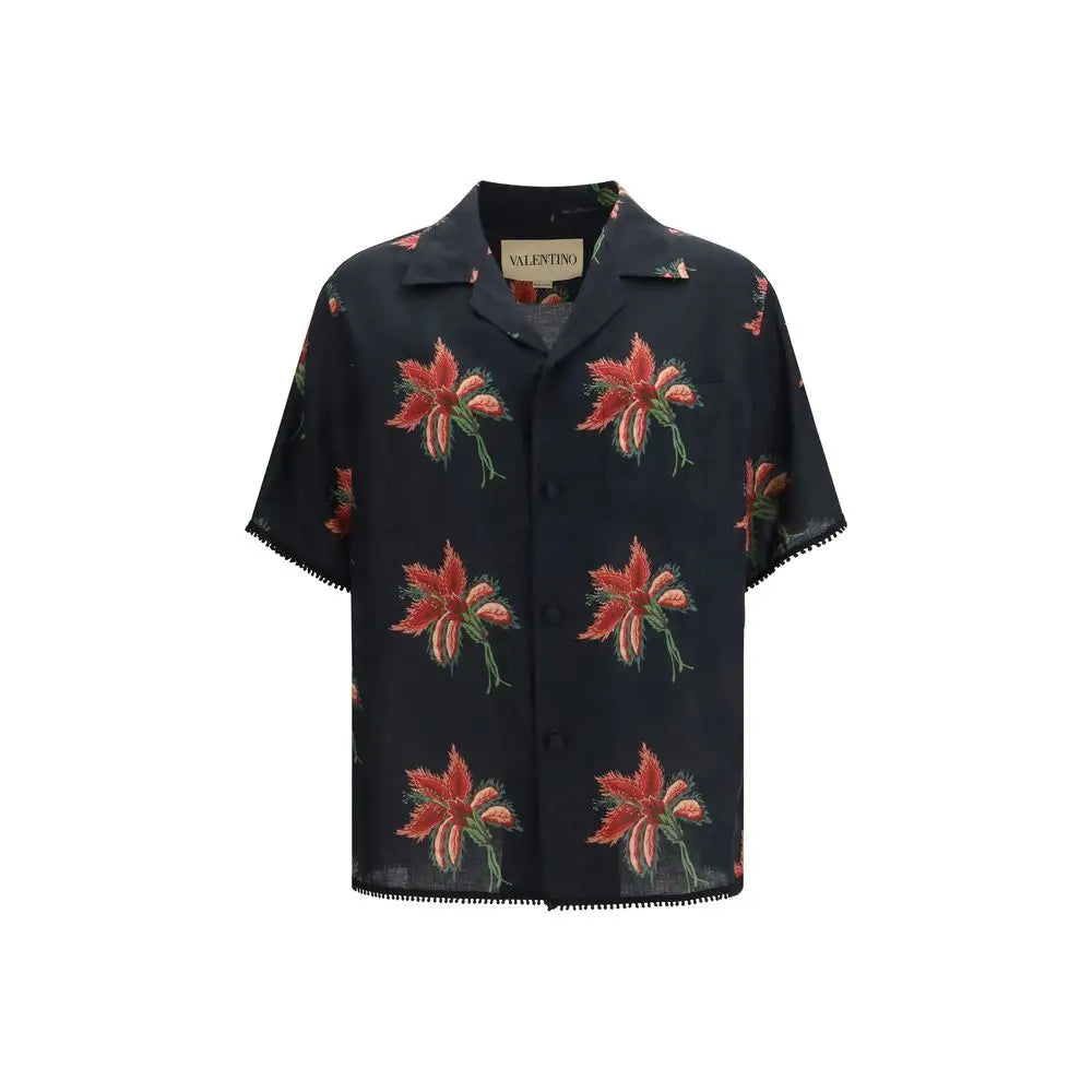 Valentino black linen pattern shirt with red and green floral design