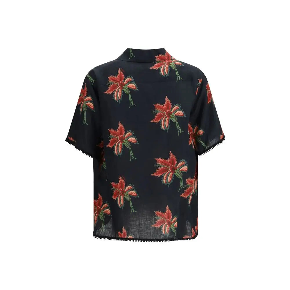 Valentino black linen pattern shirt med rødt og grønt blomstermønster og blondekant