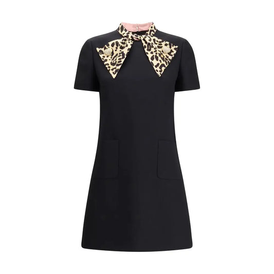Valentino crepe couture short dress in black with leopard-print bow and pockets