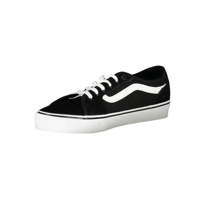 Sorte Vans polyester sneakers i sort polyester med hvide snører, klassisk side-stribe og tyk hvid gummisål
