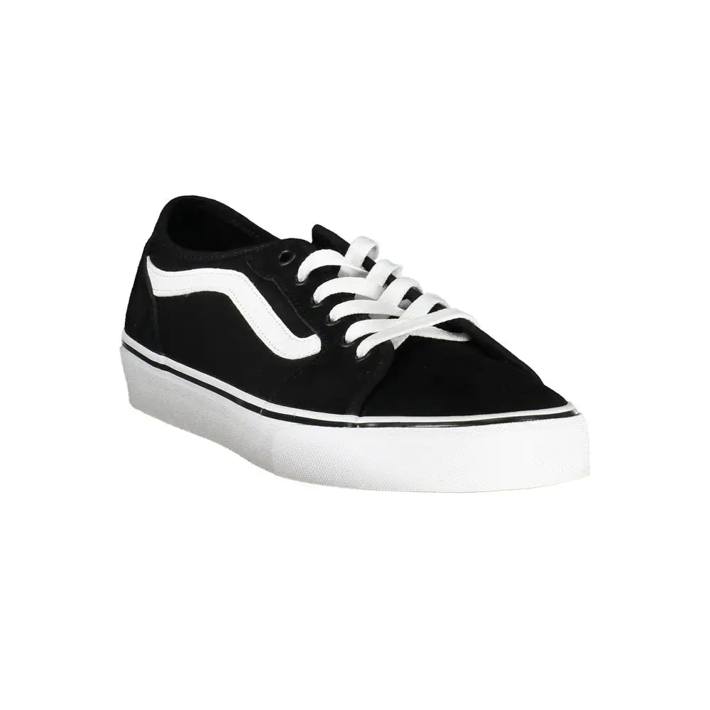 Vans black polyester sneakers med hvide snørebånd, klassisk side-stribe og tekstureret gummisål