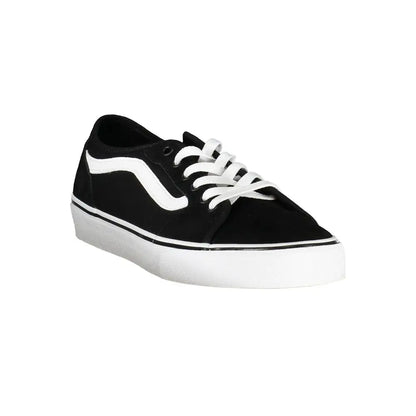 Vans black polyester sneakers med hvide snørebånd, klassisk side-stribe og tekstureret gummisål