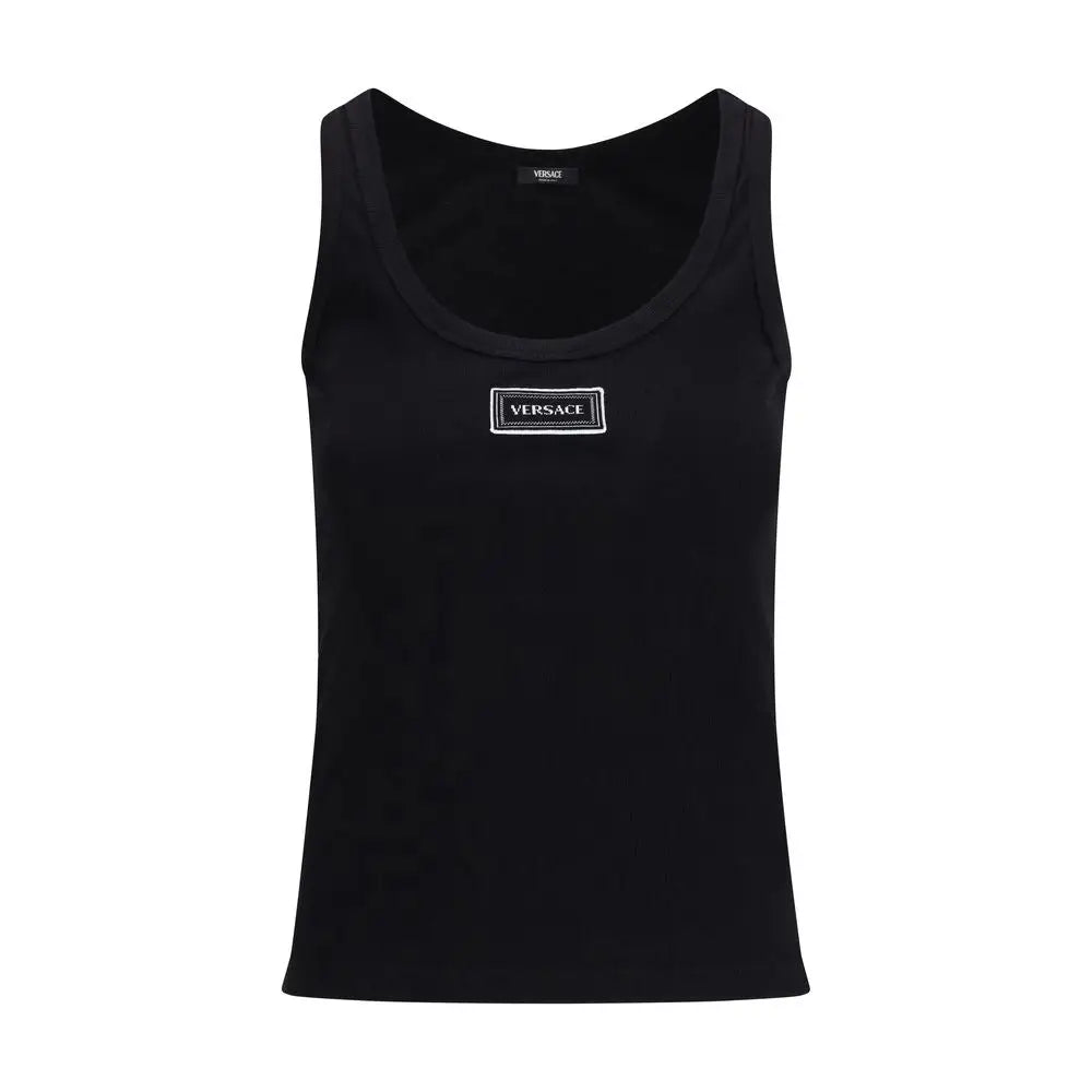 Versace black cotton top with white embroidered logo patch on chest