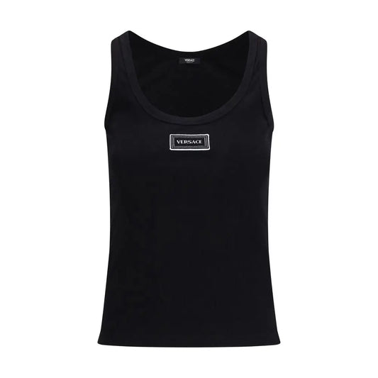 Versace black cotton top with white embroidered logo patch on chest