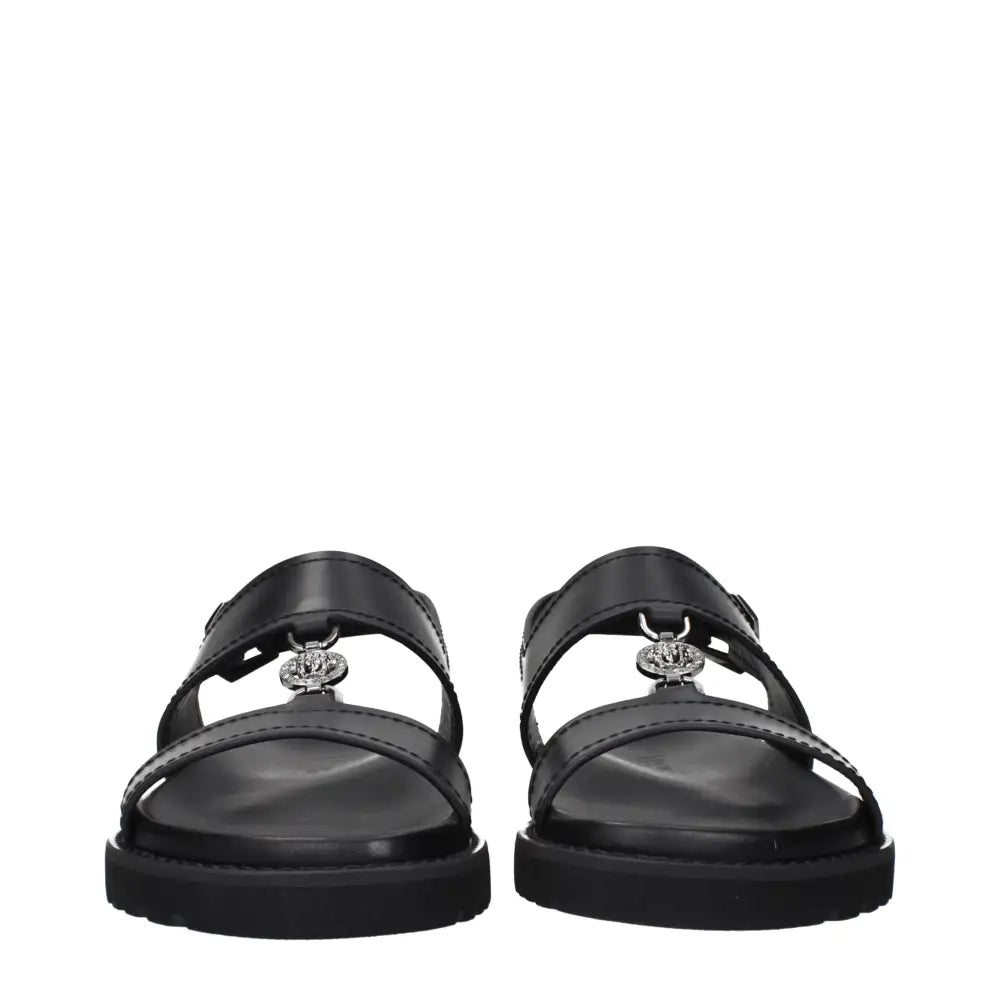 Versace Black Leather Flat Sandals