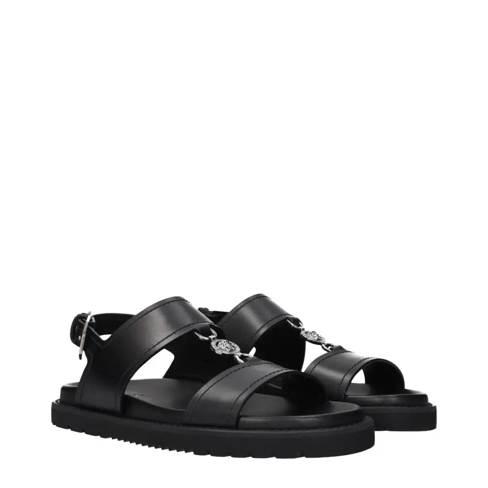 Versace Black Leather Flat Sandals
