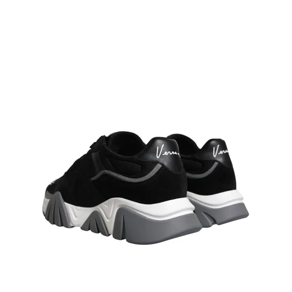 Versace Black Leather Neoprene Chunky Low Top Sneakers Squalo Shoes