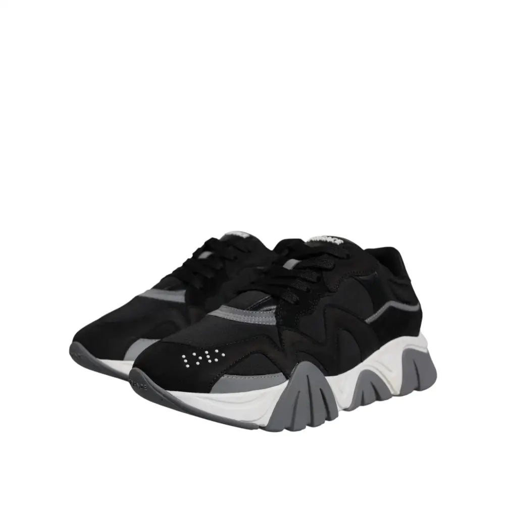 Versace Black Leather Neoprene Chunky Low Top Sneakers Squalo Shoes