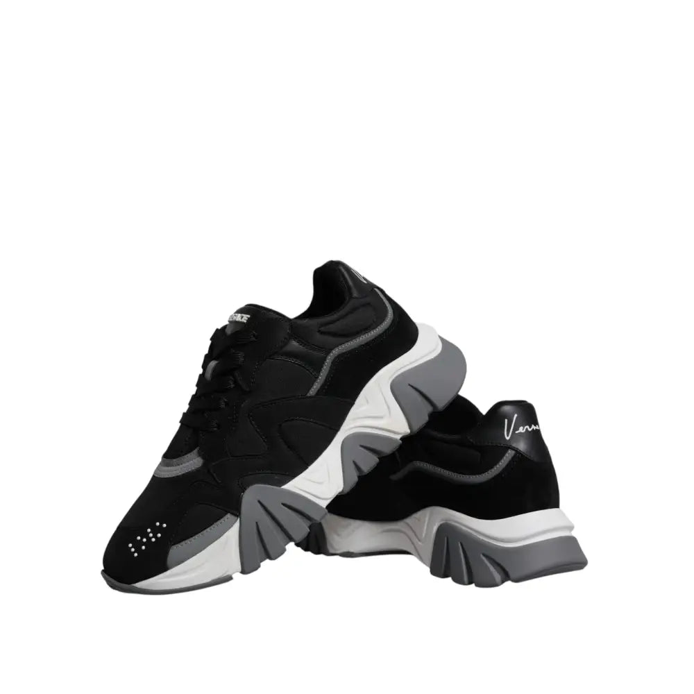 Versace Black Leather Neoprene Chunky Low Top Sneakers Squalo Shoes