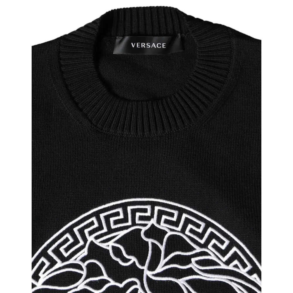 Versace Black Medusa Embroidery Crew Neck Pullover Sweater - Sweaters