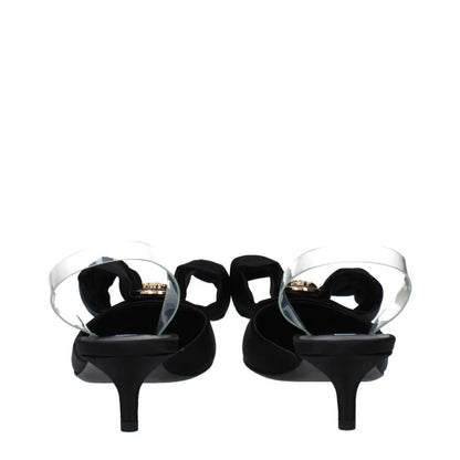 Versace black satin flat sandals with transparent strap and gold buckle