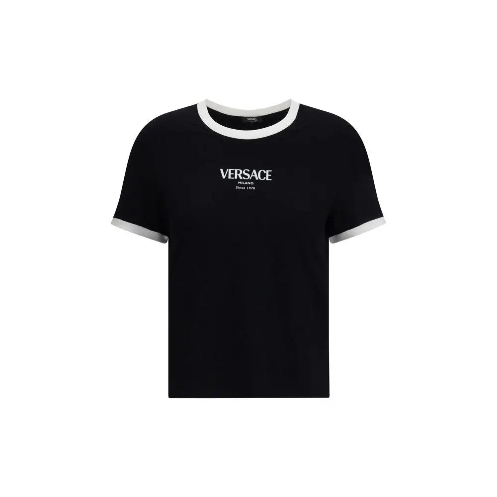 Versace sort viscose T-shirt med hvid ringerkant og minimalistisk logo