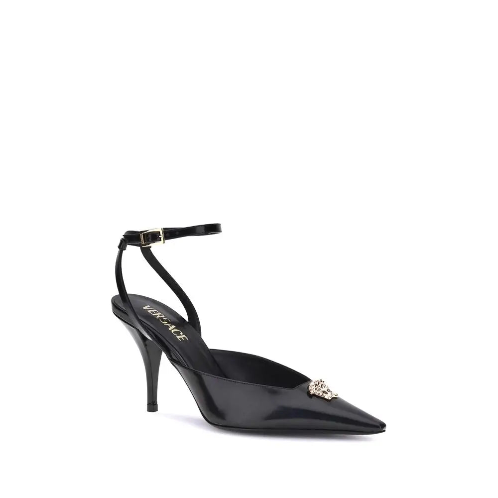 Versace Medusa Décolleté: sort patentlæder slingback pump med guld Medusa-hoved