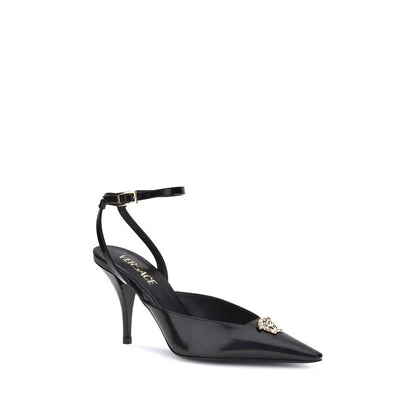 Versace Medusa Décolleté: sort patentlæder slingback pump med guld Medusa-hoved