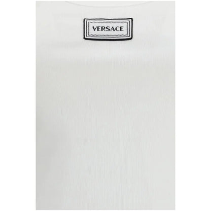 Versace hvid bomuldstrøje med sort logo-broderi ved halsen, 100% originale brands