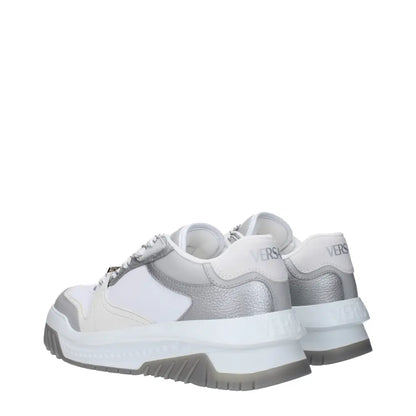 Versace white leather chunky sneakers with silver metallic heel